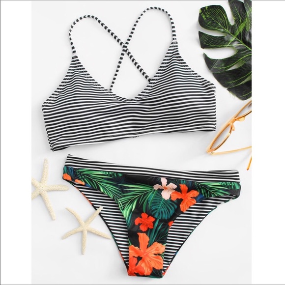 EricJustin Other - Tropical Flower Striped Bikini
